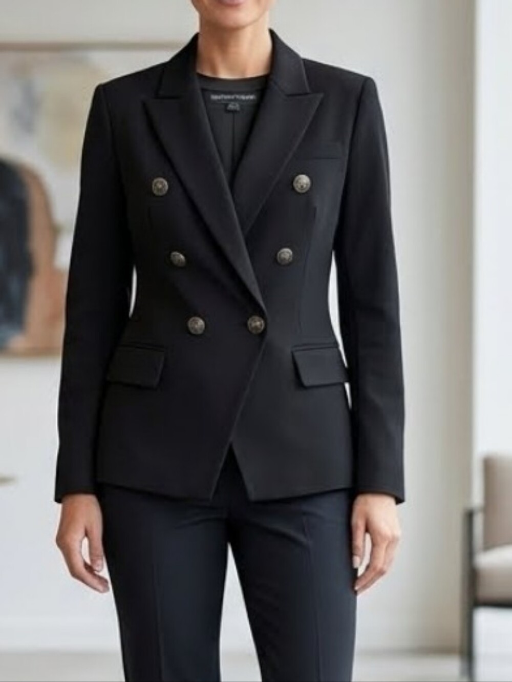 Boston Proper Double-Breasted Black Blazer Jacket Anchor Buttons & Flap Pockets